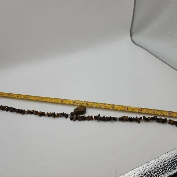 Natural Tiger Eye Stone Necklace Pendant Beaded 16 in Silver Tone Screw Clasp - Picture 5 of 6